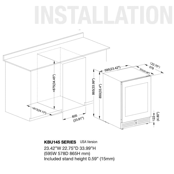 Kingsbottle Dual Zone Wine Cooler Installation and Dimensions Overview