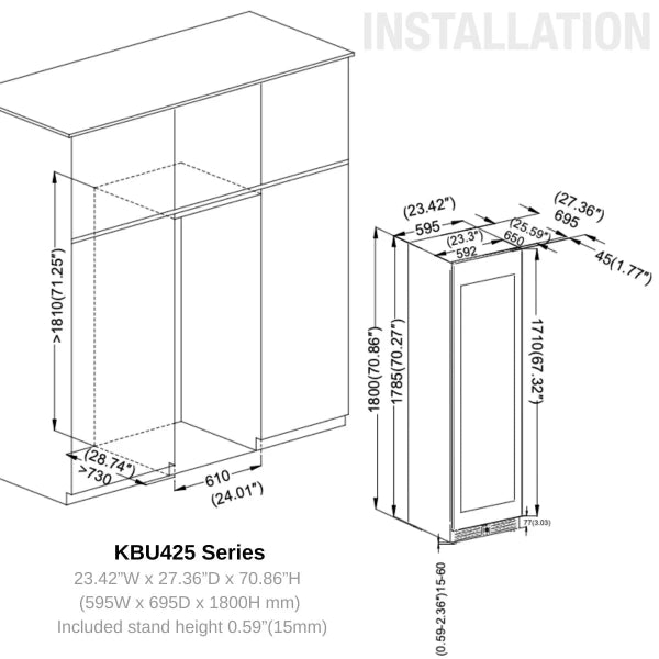 Kingsbottle Stainless Steel Tall Dual Zone Wine Cooler Installation and Dimensions