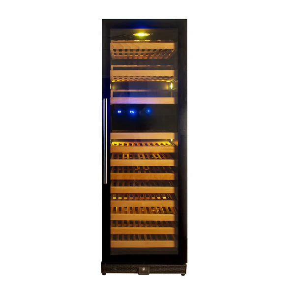 Kingsbottle Tall Large Wine Refrigerator Front View with Yellow Lights Display
