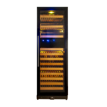 Kingsbottle Tall Large Wine Refrigerator Front View with Yellow Lights Display